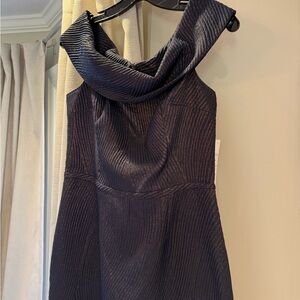 Teri Jon by Ricky Freeman Off Shoulder Navy Dress